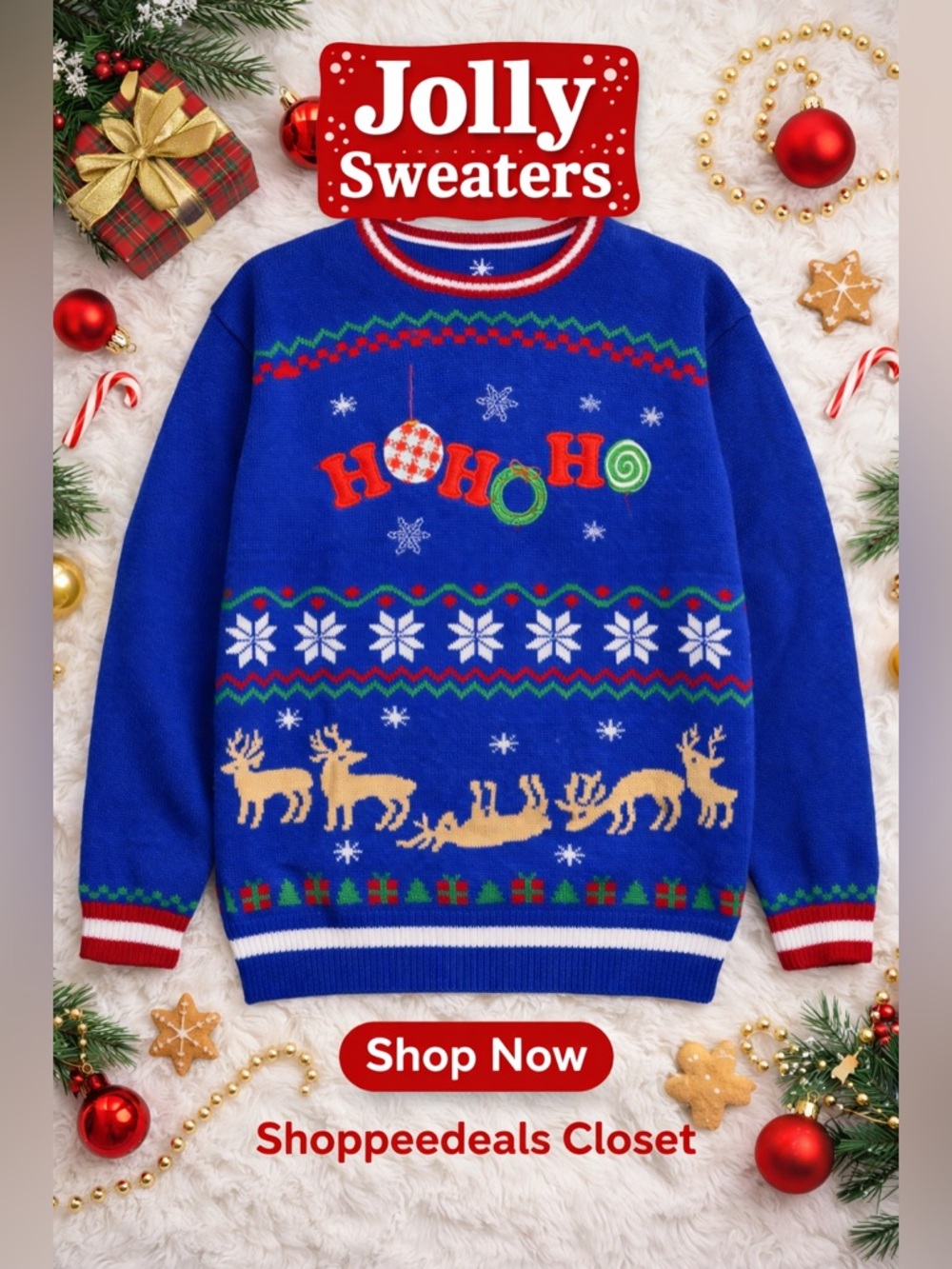 Jolly Sweaters Blue”Ho Ho Ho” Ugly Christmas Sweater – Reindeer Holiday Pullover